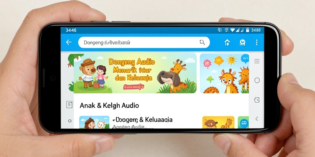 Antarmuka aplikasi Dongeng Audio yang menarik dan ramah anak.