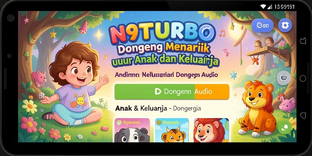 Tampilan antarmuka aplikasi N9TURBO dengan koleksi dongeng audio.