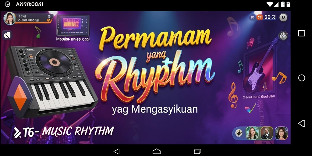 Antarmuka menarik T6 yang menunjukkan gameplay Musik Rhythm.